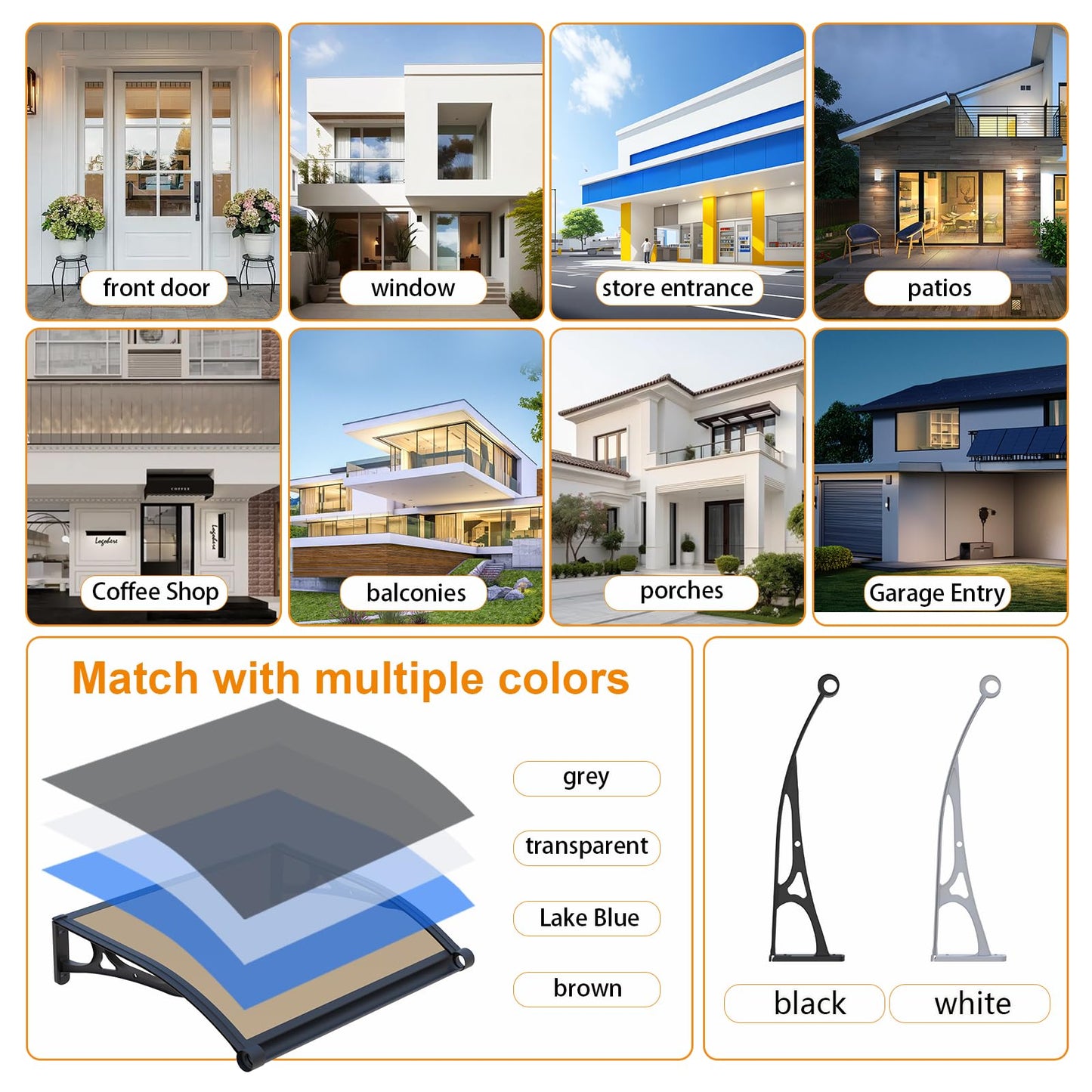 GUANSU-CN Door Awning Window Canopy,40x60 Inches Awnings for Doors with Sink,Polycarbonate House Outdoor Patio Awning Canopy UV Rain Snow Sunlight, Porch Awning with Sturdy Aluminum Bracket