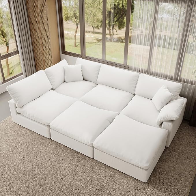Forest aesthetics Modular Sectional Sofa,Extra Comfty Deep-Seat-Filled Couch, White 6 Seat U Shape Sofas with Movable Ottoman, Modern Couches for Living Room, Apartment, Office,Small Space