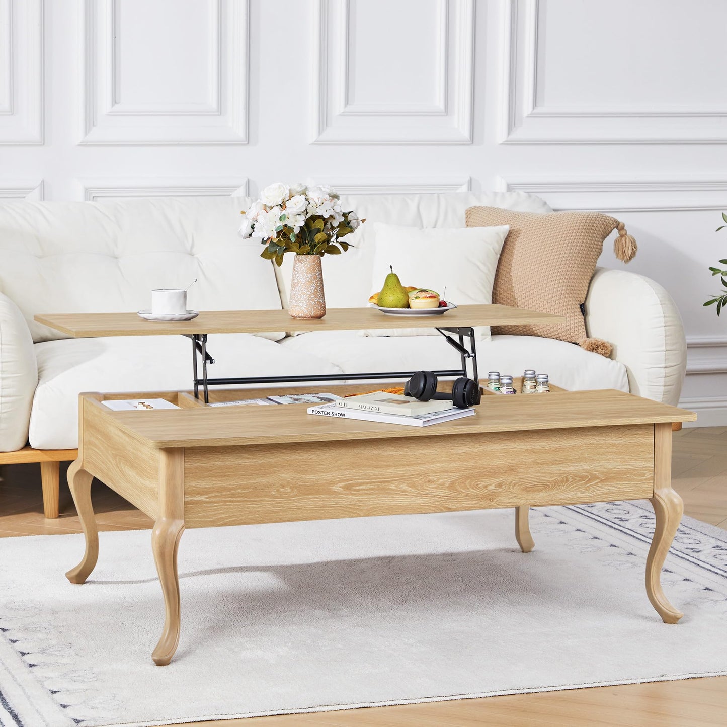 QEIUZON Lift Top Coffee Table, Farmhouse Coffee Table with Hidden Storage, Wood Center Table Dining Table for Living Room, Apartment, Home Office (Natural)