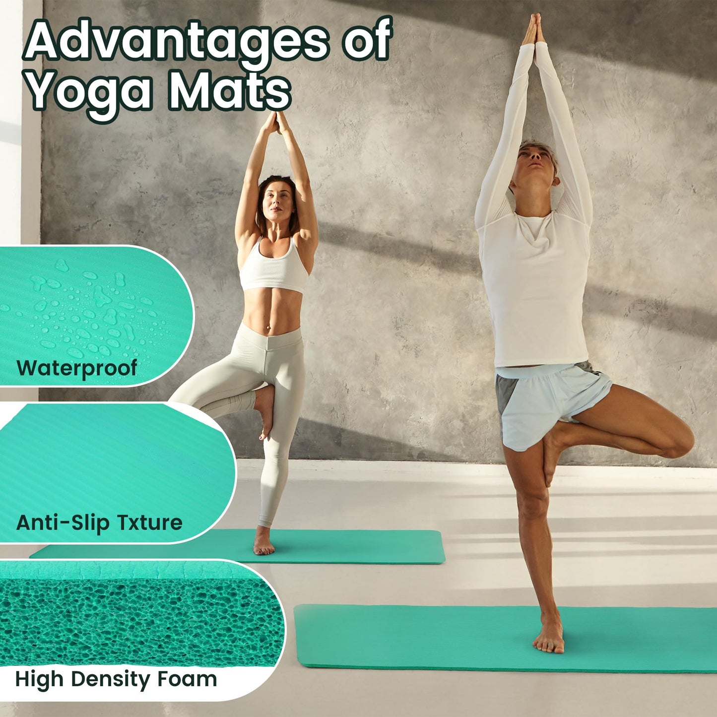 Fitvids 1/2-Inch Thick High Density Foam Exercise Yoga Mat with Carrying Strap, For Cushioning The Body Against Hard Floors, Aqua