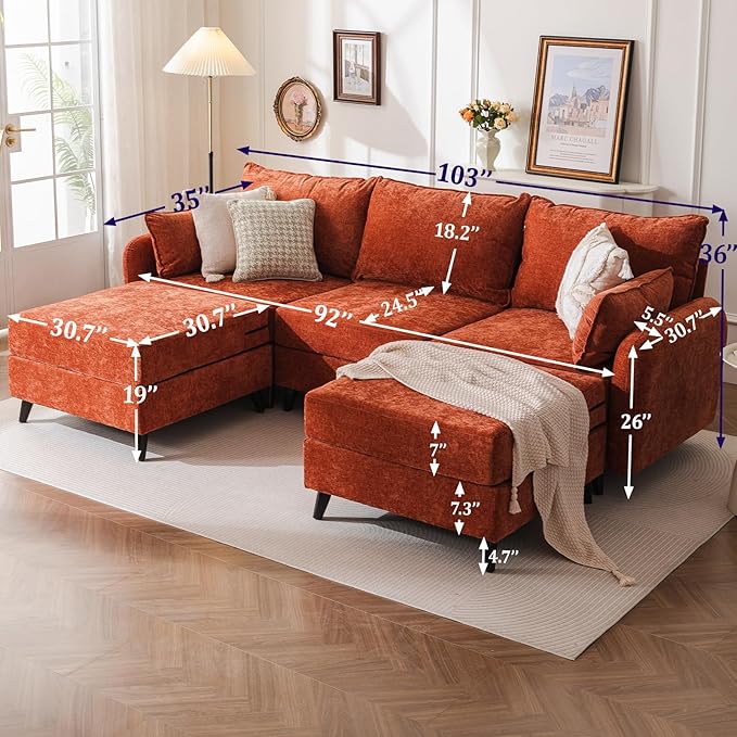 Rexulqo 104'' Modular Sectional Sofa with All Seats Storage, Oversized U Shaped Couch for Living Room,3-Seater Comfy Cloud Couches with Movable Ottoman,Big Sectional for Bedroom,Velet,Orange