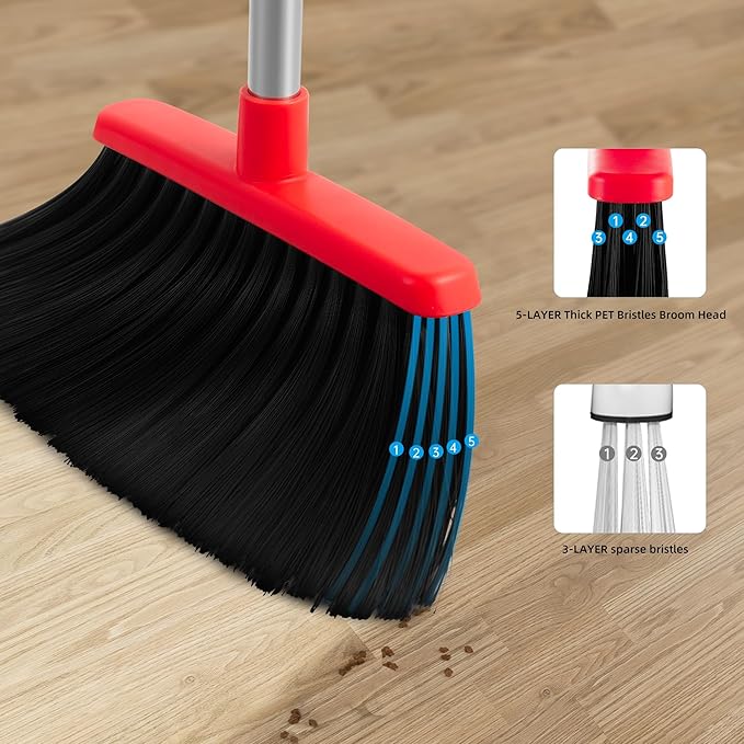 Broom and Dustpan Set, Broom with Dustpan Combo Set 54-in Long Adjustable Handle with Dust Pan Combo Teeth for Home Office Kitchen Lobby Floor Pet Hair Indoor&Outdoor Cleaning