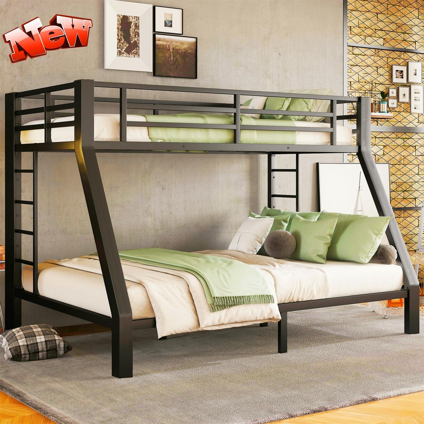 LEEKAF Stronger & Higher Quality Heavy Duty Metal Bunk Bed Twin XL Over Queen Size Bunkbed, Thickened Safer More Stable Steel Queen Bunk Bed (Faster Assembly) (Twin XL Over Queen)