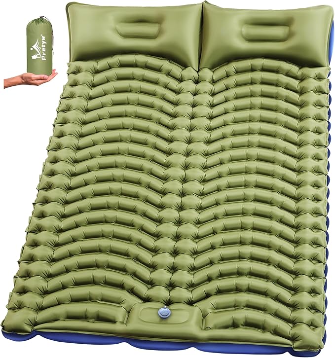 Pretyw Double Sleeping Pad for Camping - Ultralight Camping Mattress with Pillow, Built-in Foot Pump, Compact Inflatable ...