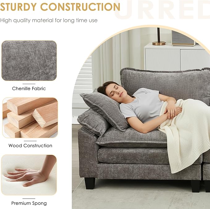 URRED Cloud Couch Modular Sectional Sofa, 122" Modern U Shaped Deep Seat Sofa with 2 Ottomans & Pillows, Ultra Comfy Chenille Couches for Living Room, Bedroom or Apartment, Light Gray