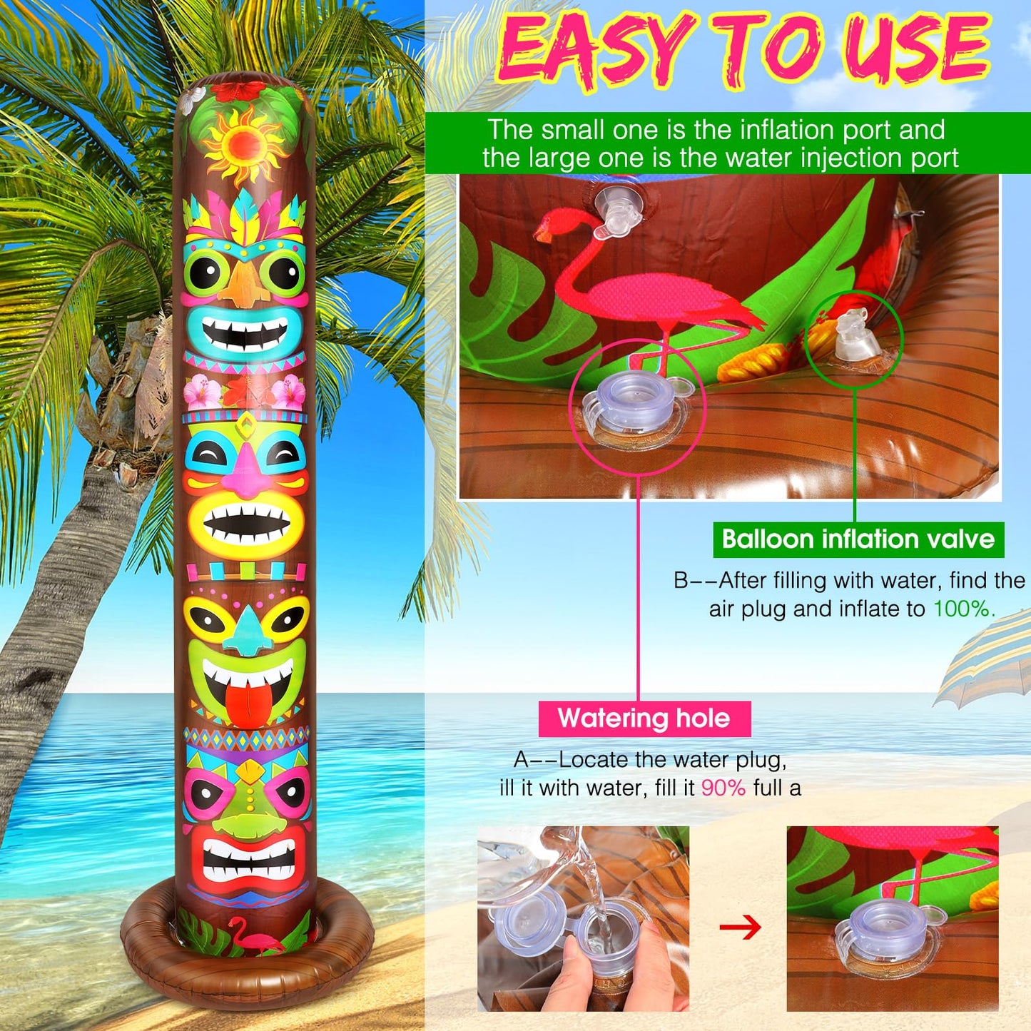 Leyndo 2 Pack 6 ft Inflatable Tiki Luau Party Decorations Hawaiian Luau Tropical Inflatables Tiki Decorations Blow up Party Beach Supplies for Hawaiian Parties Bar Summer Pool Outdoor Yard Decor