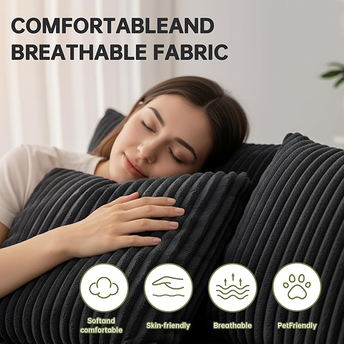 SEENYOO 130" Boneless Couch, Cloud Couch Sectional, Corduroy Sofa for Living Room, U Shaped Modular Sofa with Chaise, No Assembly, 4 Seats Oversized (Black)