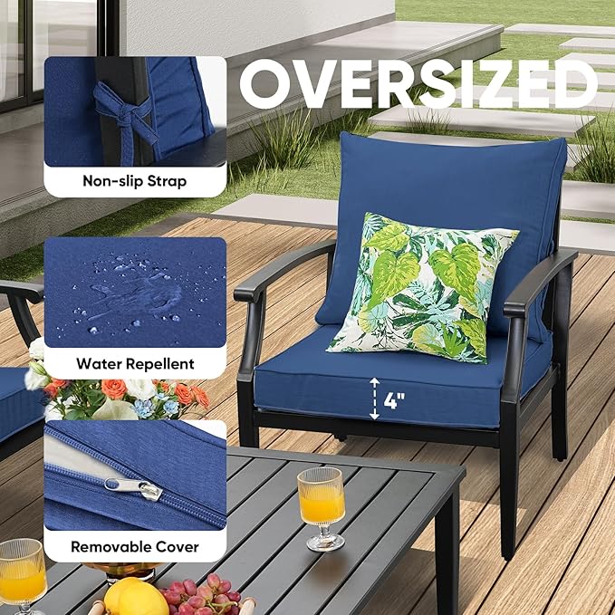 JOYURE 4 Pieces Patio Furniture Set w/loveseat,Coffe Table,Outdoor Conversation Metal Sofa with High Back and Thick Cushion,for Backyard,Garden,Navy
