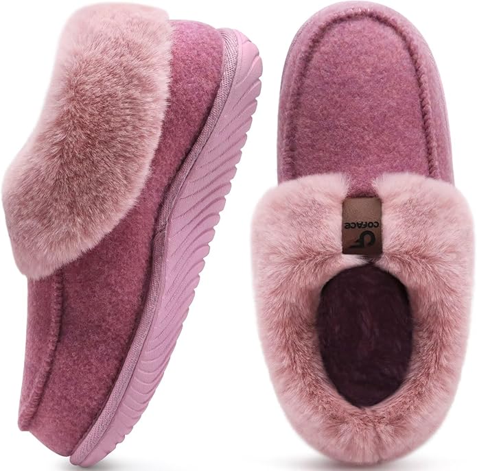 COFACE Women's Memory Foam House Slippers Arch Support Moccasin Winter Shoes Ladies Warm Fuzzy Faux Fur Collar With Indoor...