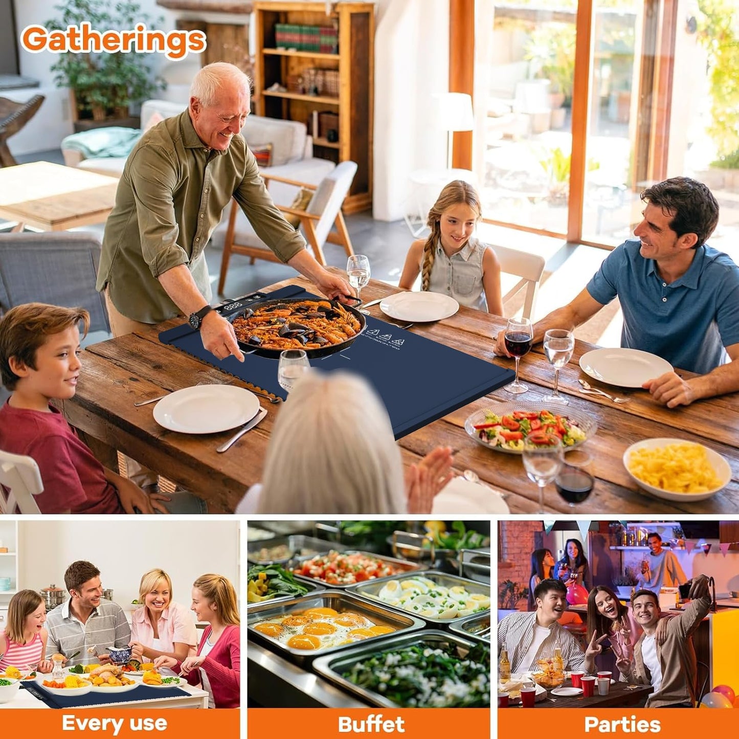 Warming Mat for Food, Food Warming Mat, Portable Electric WarmingTrays Buffets for Buffets Party and Home Daily Use, Heating Fastly in 10s, 5 Temp Levels Timed Function (Black)