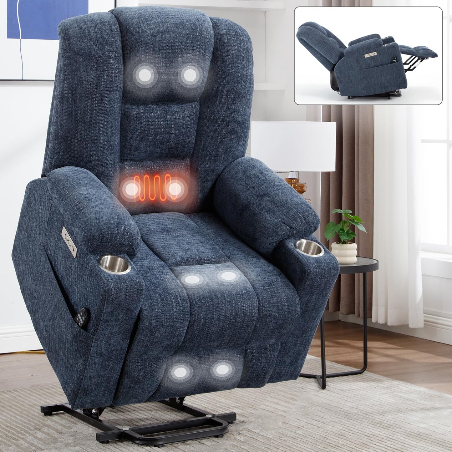 KEIKI Oversized Power Lift Recliner Chair with Heat & Massage, Reding Rocking Chair for Adult, High Seat Chenille Recliner with Side Pocket, USB Port, Cup Holder, Lumbar Support for Living Room, Blue
