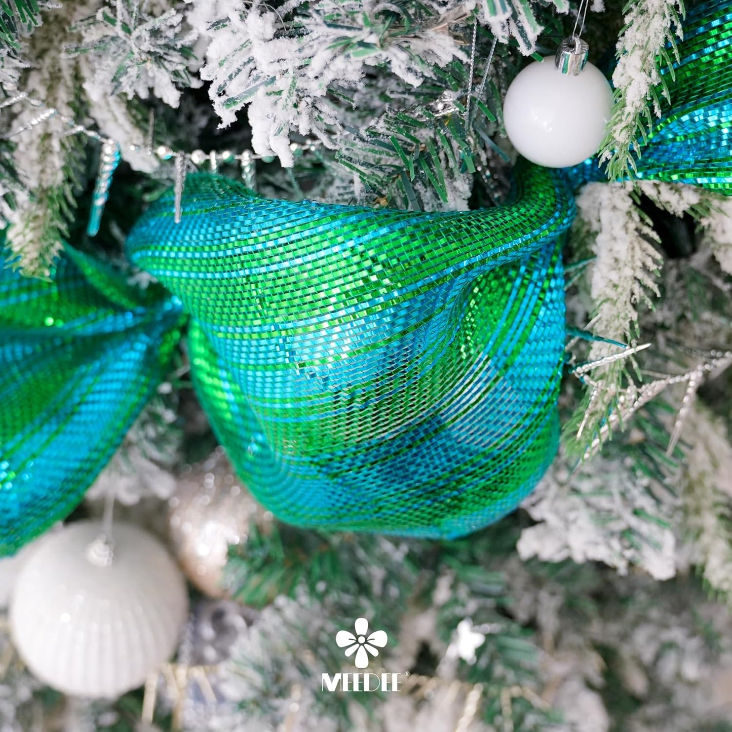 MEEDEE Peacock Ombre Deco Mesh 10 Inch Deluxe Wide Foil Metallic Xmas Mesh Christmas Tree Ribbon Ombre Mesh Ribbon for Christmas Tree, Wreaths, Garland, Gift Wrapping, Bows Making (30 Feet)