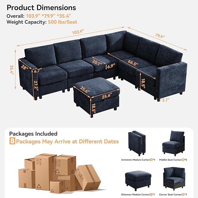 104'' V Shaped Modular Sofa, Sectional Couch with Storage for Living Room, Modern 7 Seater Cloud Sectional Couch with Movable Ottoman, Chenille Navy
