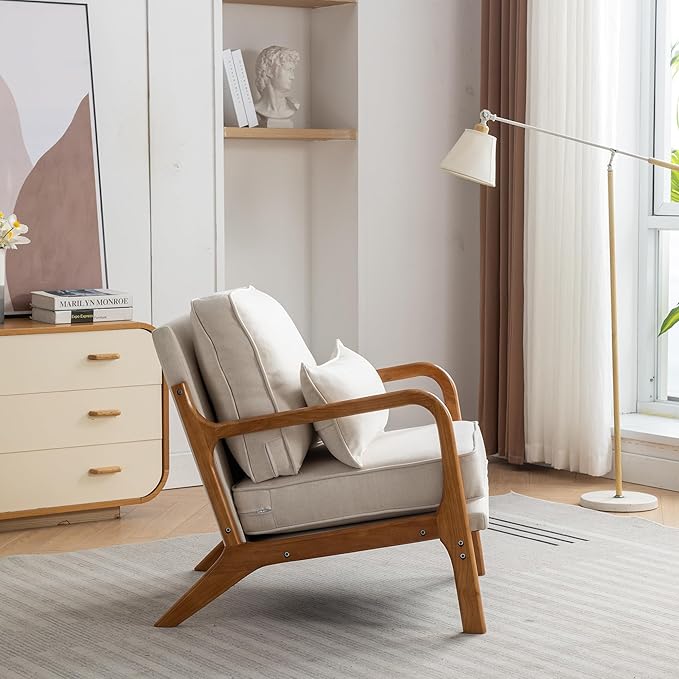 SEYNAR Mid-Century Accent Chair Set of 2, Linen Fabric Lounge Chair with Wide Armrest,13-16.5'' Low Seat Height Armchair with Lumbar Pillow & Solid Wood Frame for Living Room, Bedroom, Balcony(Beige)