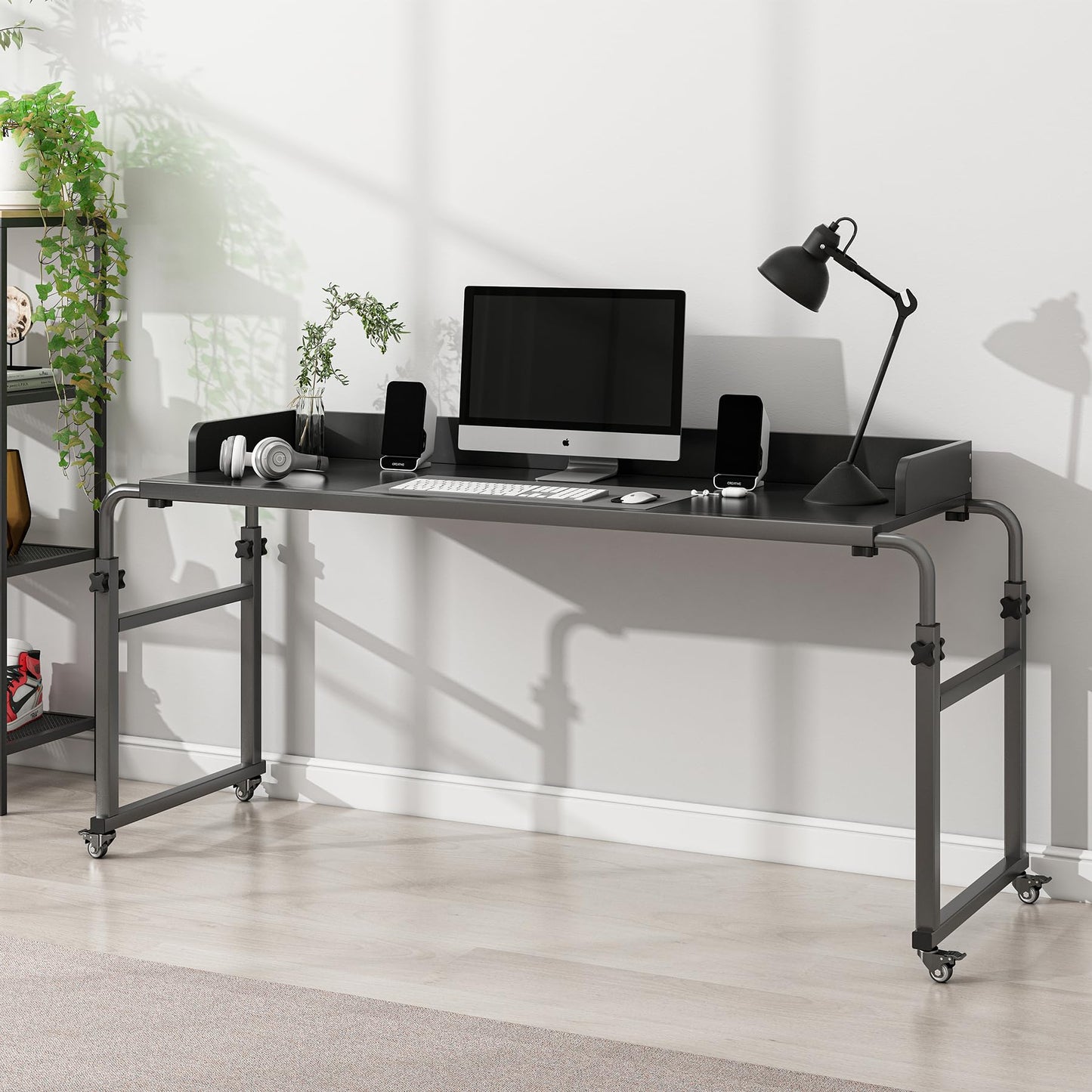 LINGMI Overbed Table with Wheels, Bed Desk Recliner Table Adjustable Height Laptop Table, Queen King Size Over The Bed Table with Wheels & Heavy Duty Metal Leg Laptop Desk for Recliner