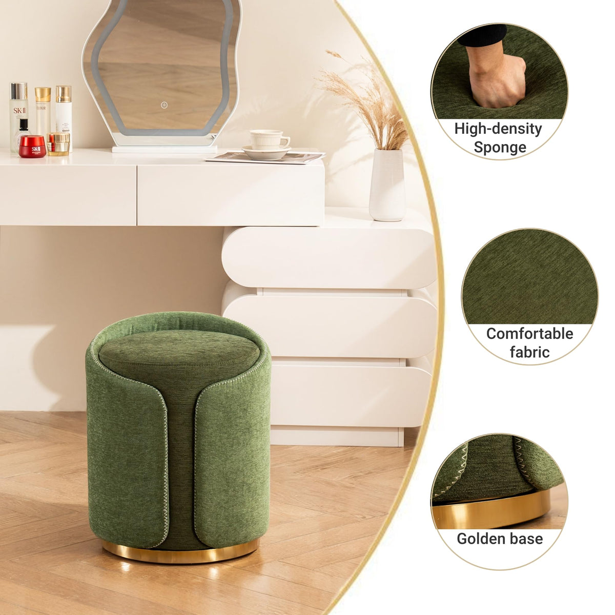 DRKAT Swivel Vanity Stool with Gold Base Comfy Vanity Chair Modern Round Stool for Makeup Vanity Ottoman Foot Rest for Bedroom livingroom (Green)