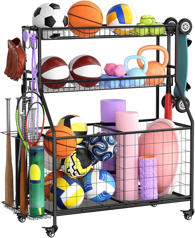 Sports Equipment Garage Organizer - Heavy Duty Garage Organization Ball Storage Rack with Basket, Hooks and Rolling Cart f...