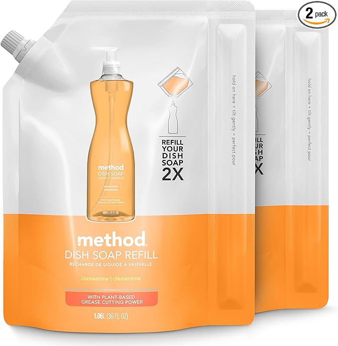 Method Liquid Dish Soap Refill, Dishwashing Liquid that Cuts Through Tough Grease for a Sparkling Clean, Clementine Scent, 1.06 Liter Bags, 2 Pack