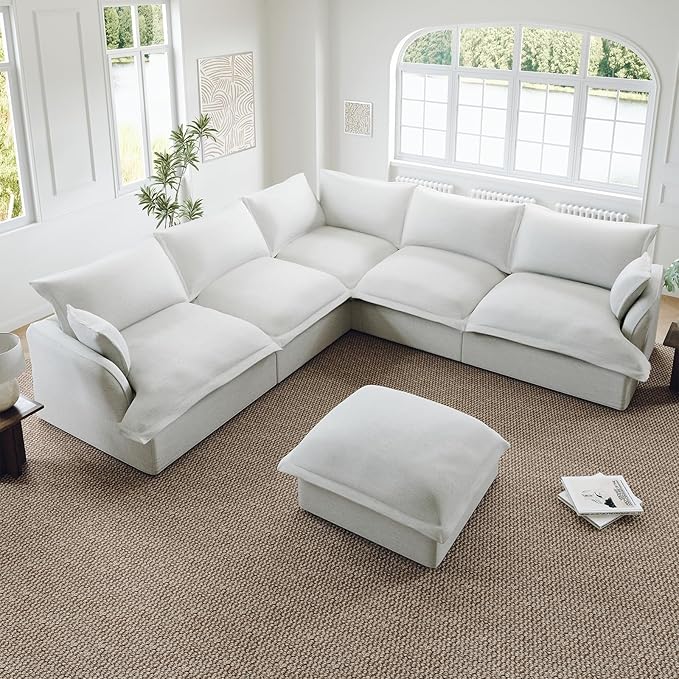 Lopzeho Oversized Cloud Modular Sectional Sofa, Comfy Down Filled Cloud Couch with Removable Cover, V Shaped 5 Seat Couch with Ottoman, Deep Seat Sectional Couches for Living Room, Cream White