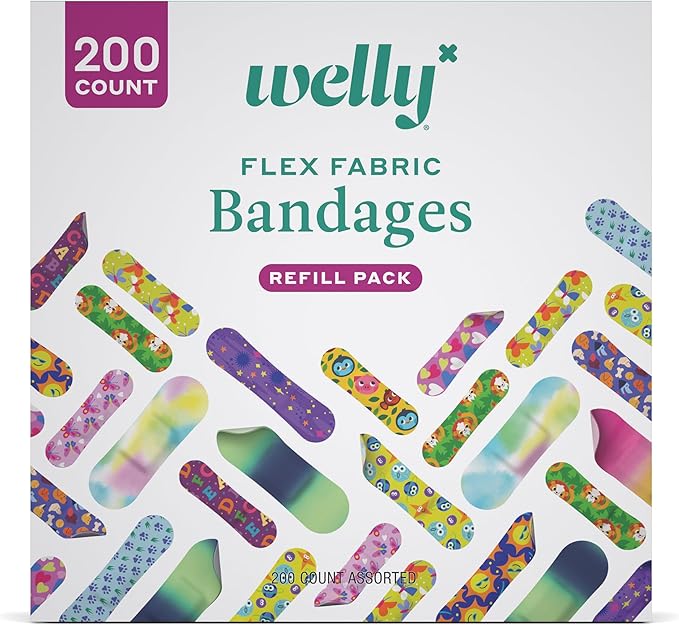 Welly Bandage Refill Ready Pack | FSA Eligible | Adhesive Flexible Fabric Bandages | Bulk Assorted Shapes and Patterns for...