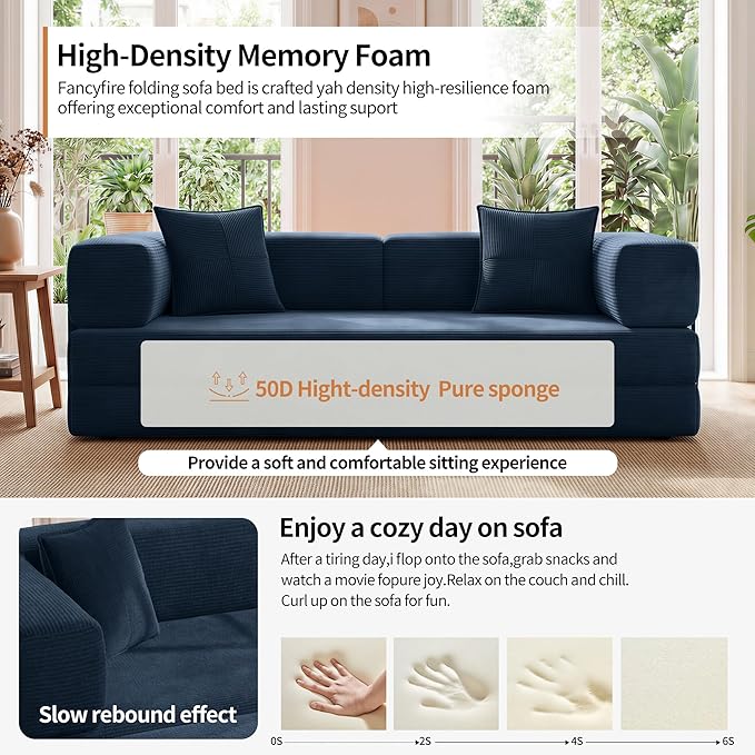 Fancyfire 78.8" Convertible Sofa Bed with Armrest Pillow,4-in-1 Sleeper Couch Bed for Livingroom,Modular Corduroy Boneless couches,No Assembly (Blue)