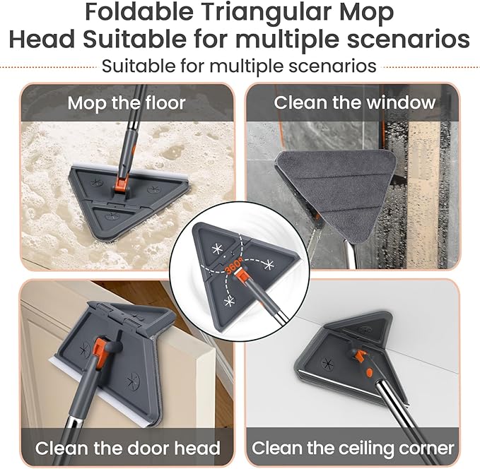 Baseboard Cleaner Tool with 84" Long Handle, 360° Wall Mop with Triangle & Rectangle Heads & 8 Reusable Pads for Baseboard, Wall, Ceiling Cleaning