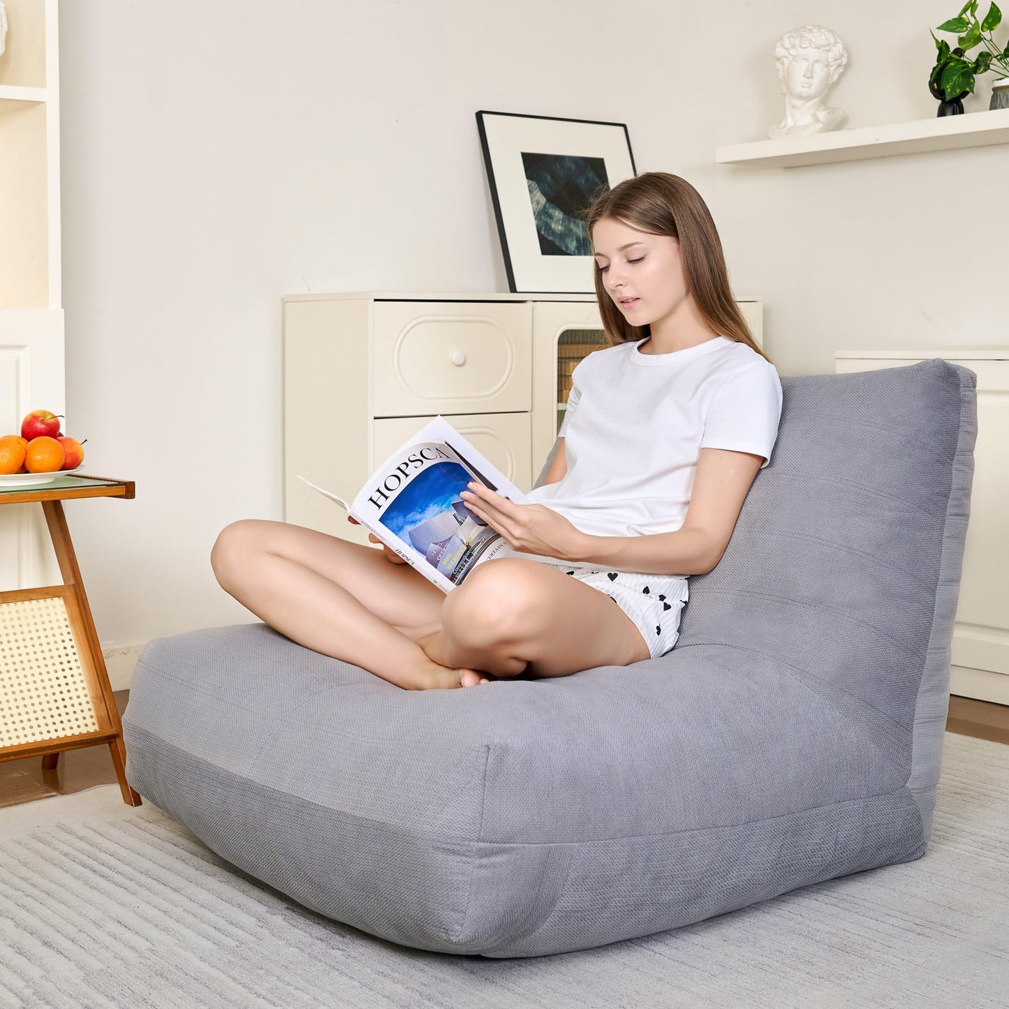 Stmoze Bean Bag Chairs for Adults, Memory Foam Bean Bag Chair, Spacious Single Sofa, Ergonomic Support Reading Floor Sofa Chair with Filler, Comfy Cozy Beanbag Couch for Bedroom Living Room (Grey)