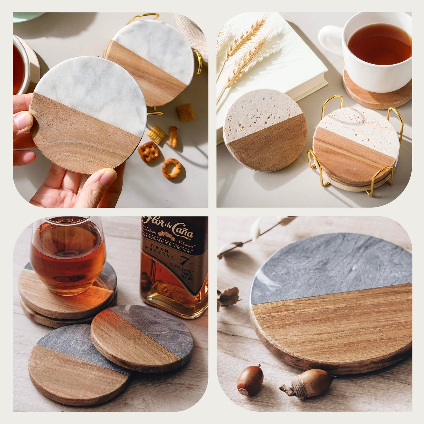 Custom Vibes Luxury Marble and Wood Coasters, Set of 4 with Gold Stand, Unique Décor Gift for Weddings, Engagements, and Anniversaries (Sea Spray)