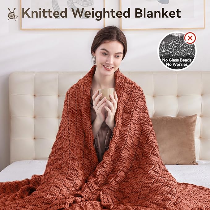 Knitted Weighted Blanket for Adult, No Beads Heavy Blanket 48” x 72'' 10lbs, Breathable Chunky Knit Blanket, Cooling Weighted Blanket for Hot Sleepers, Christmas Home Decor (Orange)