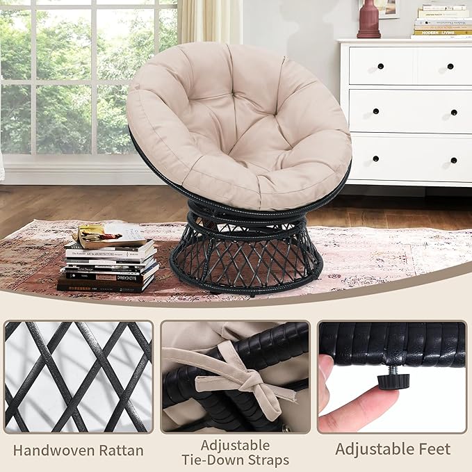 40" Ergonomic Wicker Papasan Chair, 360° Swivel Indoor Outdoor Rattan Chair with Soft Thick Cushion, Ideal for Living Room, Bedroom, Reading Room, Black Frame with Beige Cushion