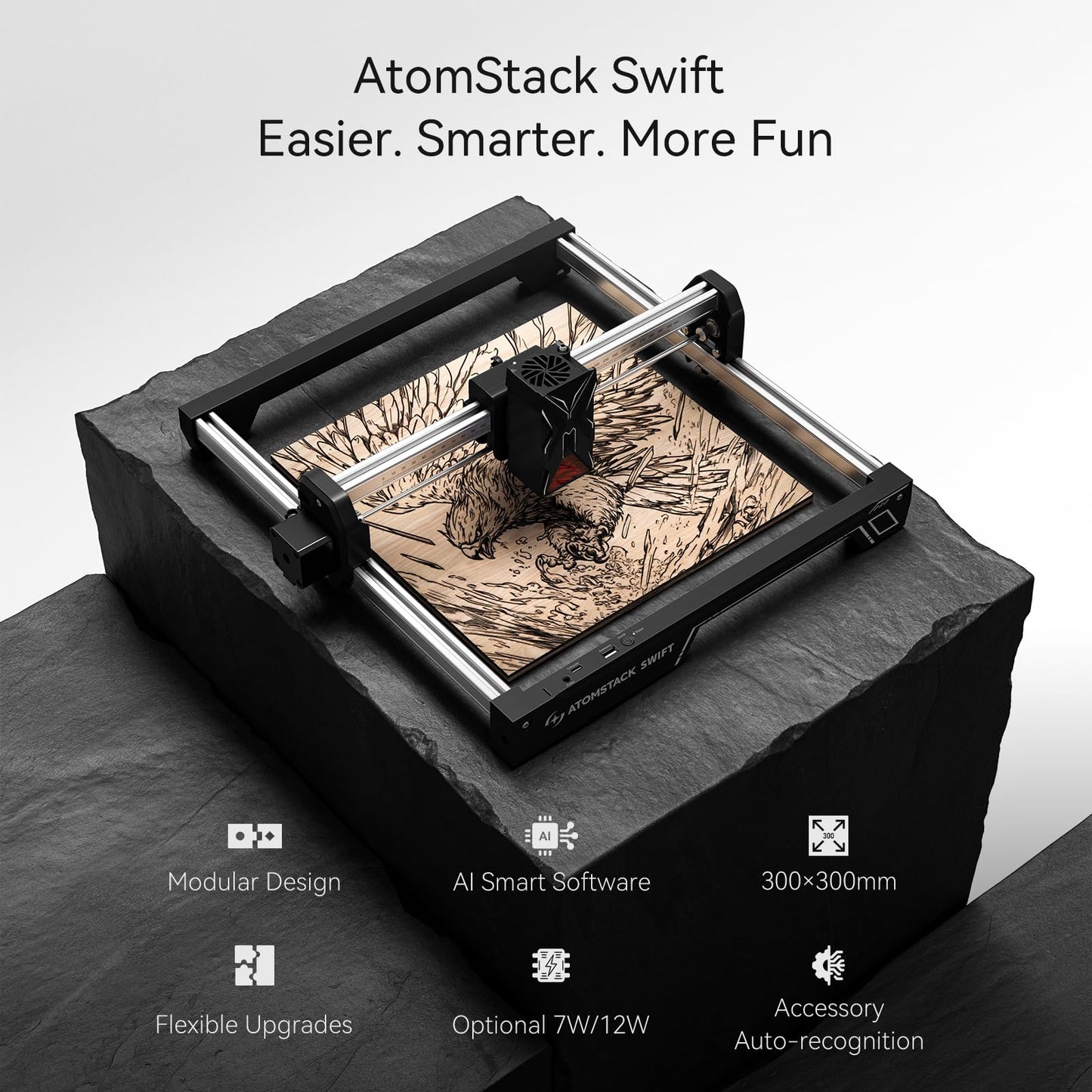 ATOMSTACK Swift 7W Laser Engraver and Cutter, 0.06mm High Accuracy Laser Engraving Machine for Wood and Metal, Dark Acrylic, Glass & Leather, DIY Laser Cutter with Eye Protection(Black)