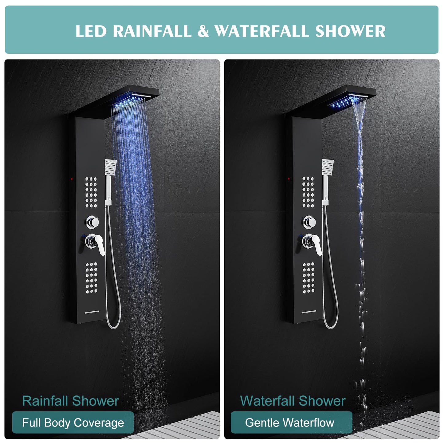 KINKIB LED Shower Panel Tower System Black with Rainfall Waterfall Shower Head, 5-in-1 Shower Tower with Powerful Body Jets, Handheld Shower and Tub Spout, High Pressure Shower Column Stainless Steel