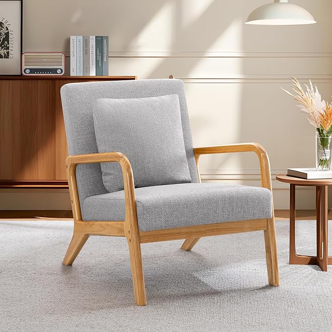 ELUCHANG Mid-Century Modern Accent Chair with Lumbar Pillow,Upholstered Armchair,Linen Fabric Comfy Reading Chair, Lounge Side Chair for Living Room Bedroom Apartment,Easy Assembly(Grey,2pcs)