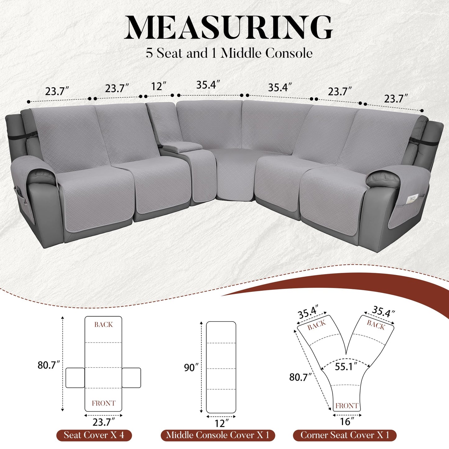 YUEVELLA Velvet 1OO% Waterproof Reclining Sectional Couch Covers for Sectional Sofa L Shape 8-Piece Quilted Corner Recliner Sofa Cover Slipcovers Set Washable (5 Seater with 1 Console, Silvery Grey)