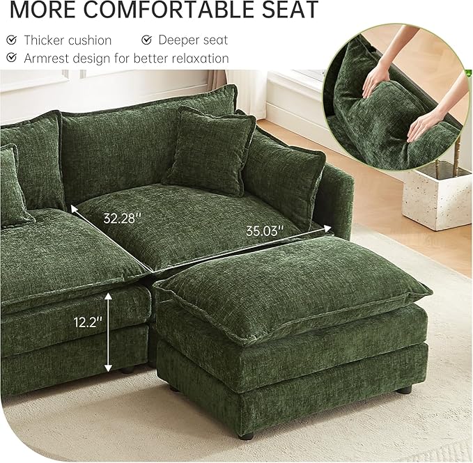 saows Modular Sectional Sofa, 112.2 Inch L Shaped Couch Set with Armrests, 3-Seater Comfy Cloud Couches with Movable Ottoman for Living Room Apartment, Green Sofa