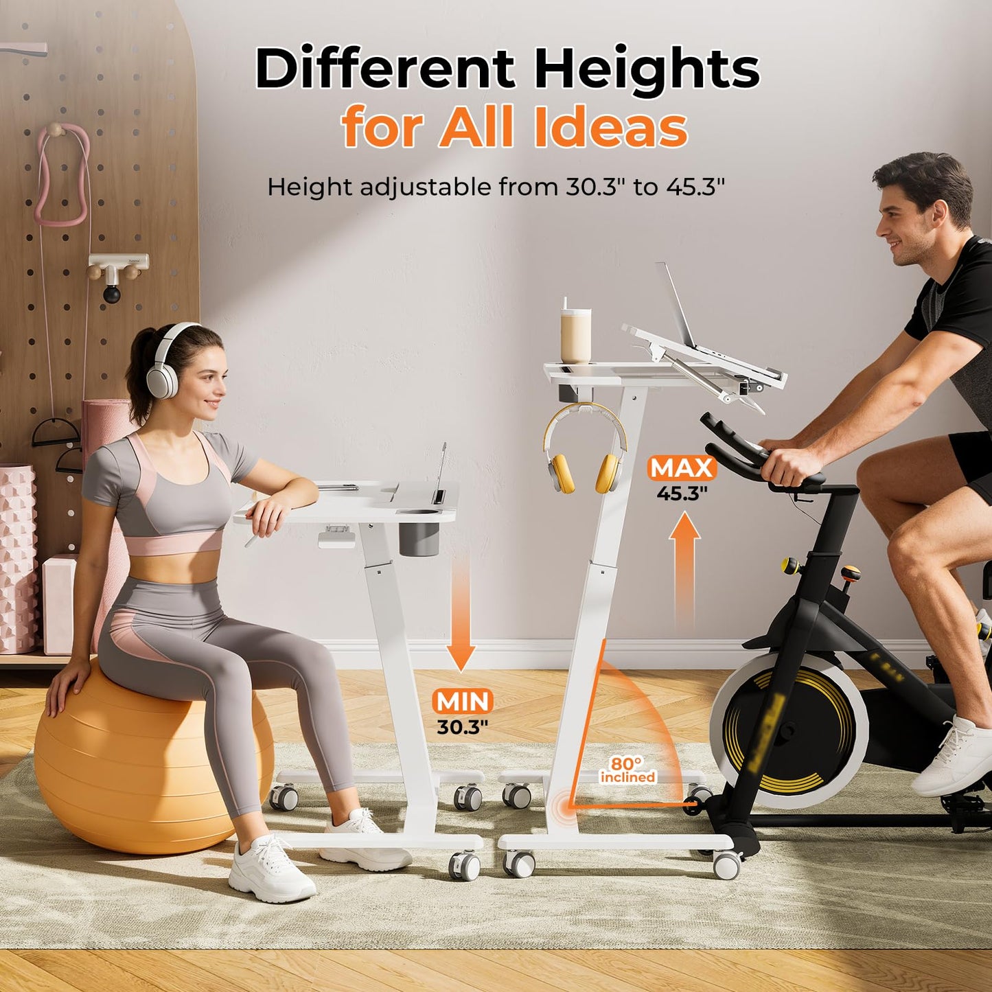JOY worker Mobile Standing Desk for Treadmill, 31.5" Small Pneumatic Height Adjustable Walking Pad Desk, 40° Foldable Rolling Bike Trainer Stand Table on Wheels with Cup Holder & Towel Rack, White
