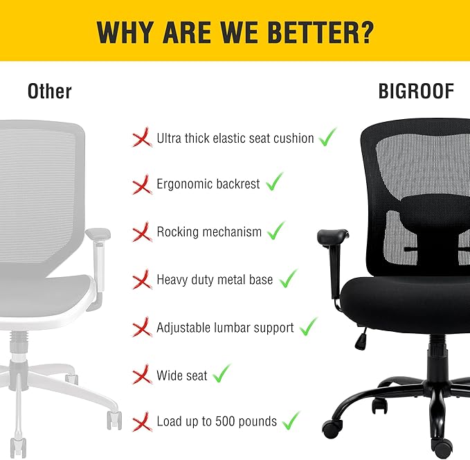 Bigroof Big and Tall Office Chair 500LBS Ergonomic Mesh Desk Chair with Adjustable Lumbar Support Arms Wide Seat Task Executive Rolling Swivel Chair for Heavy People (Black-500LBS)