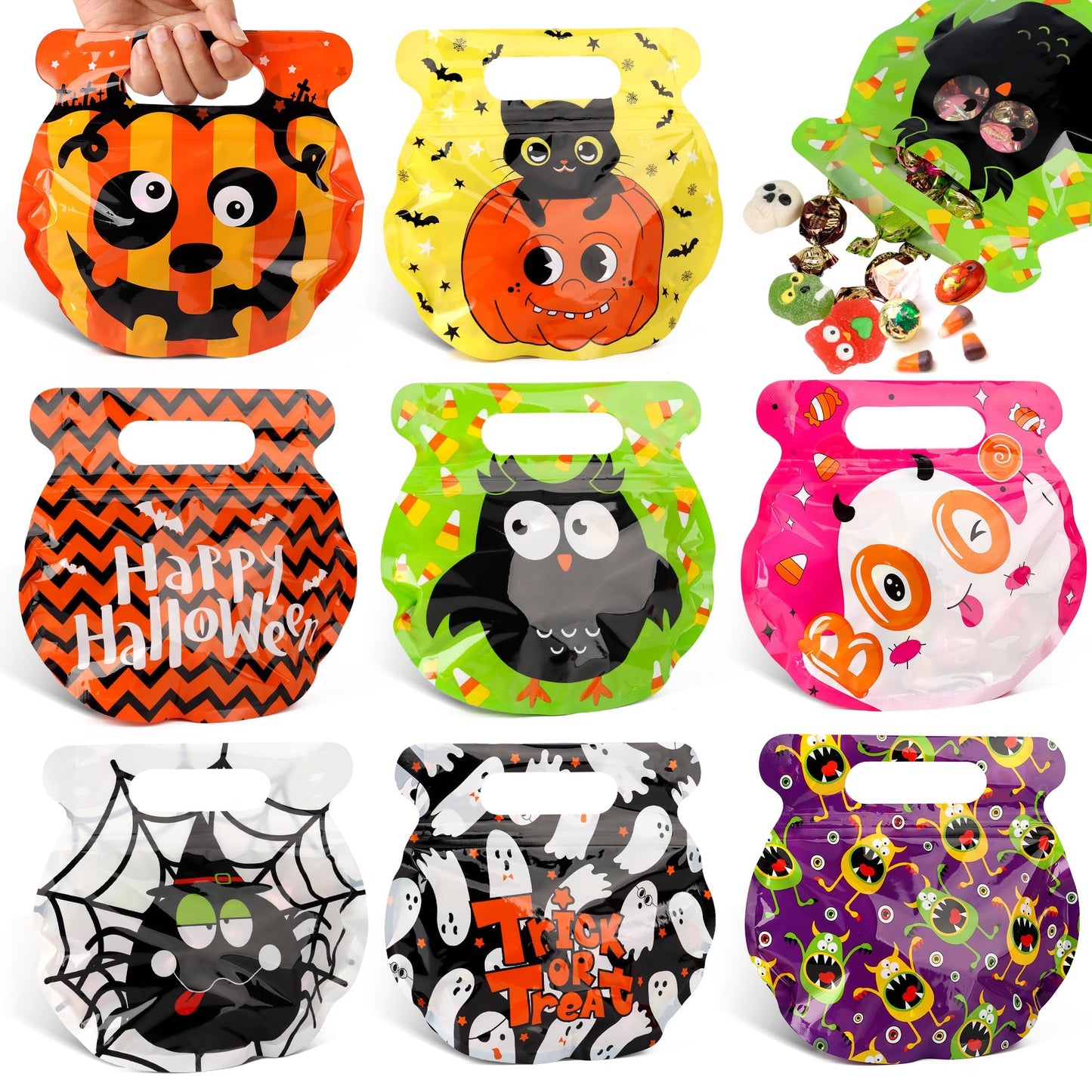 POPGIFTU 56 Pcs Halloween Goodie Bags with Handles - 8 Designs Resealable Treat Pouches for Candy, Snacks, Cookies, Bulk Trick or Treat Bags for Kids Party Favors & Classroom Halloween Supplies