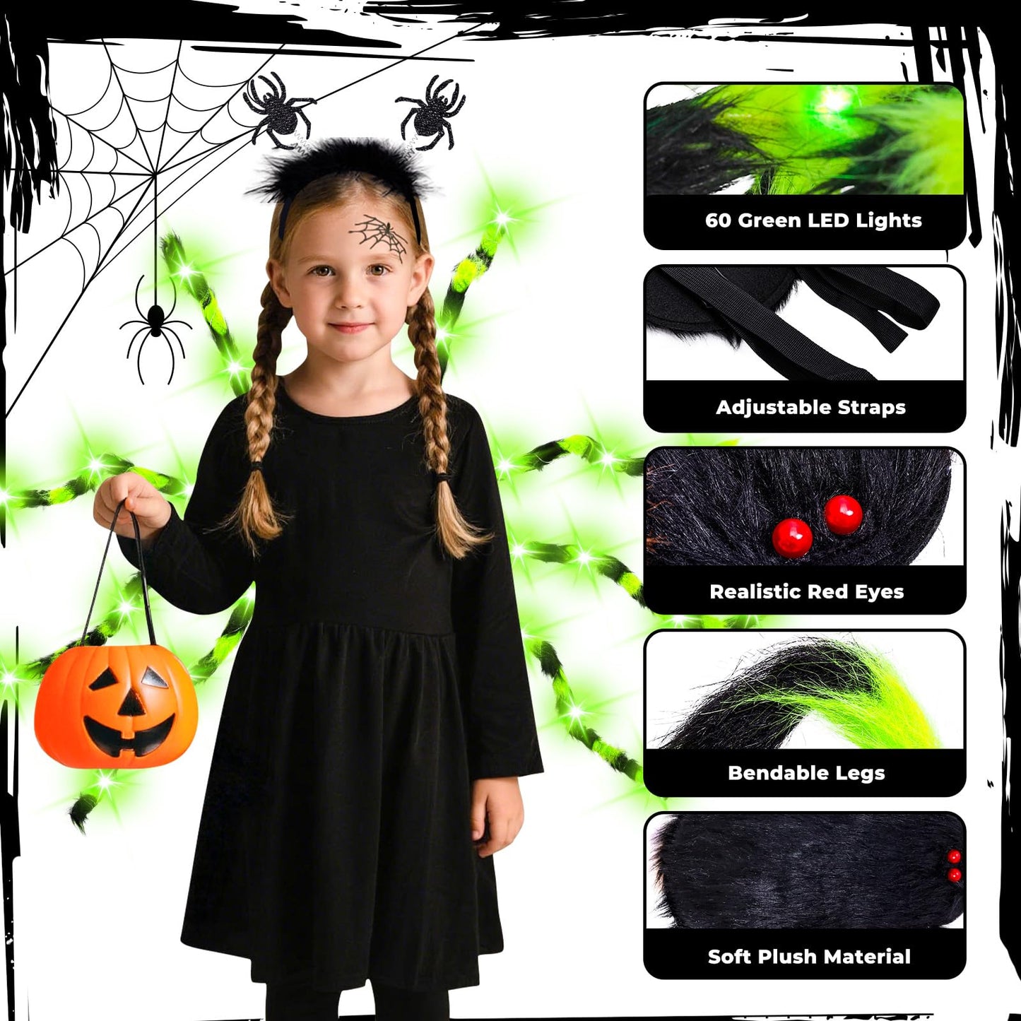 Thuodo Halloween Green Light-Up Spider Costume for Kids & Adults, LED Giant Spider Backpack with Headband, Creepy Spider Outfit with 60 Lights, Halloween Party Trick or Treat Gear– Battery Required
