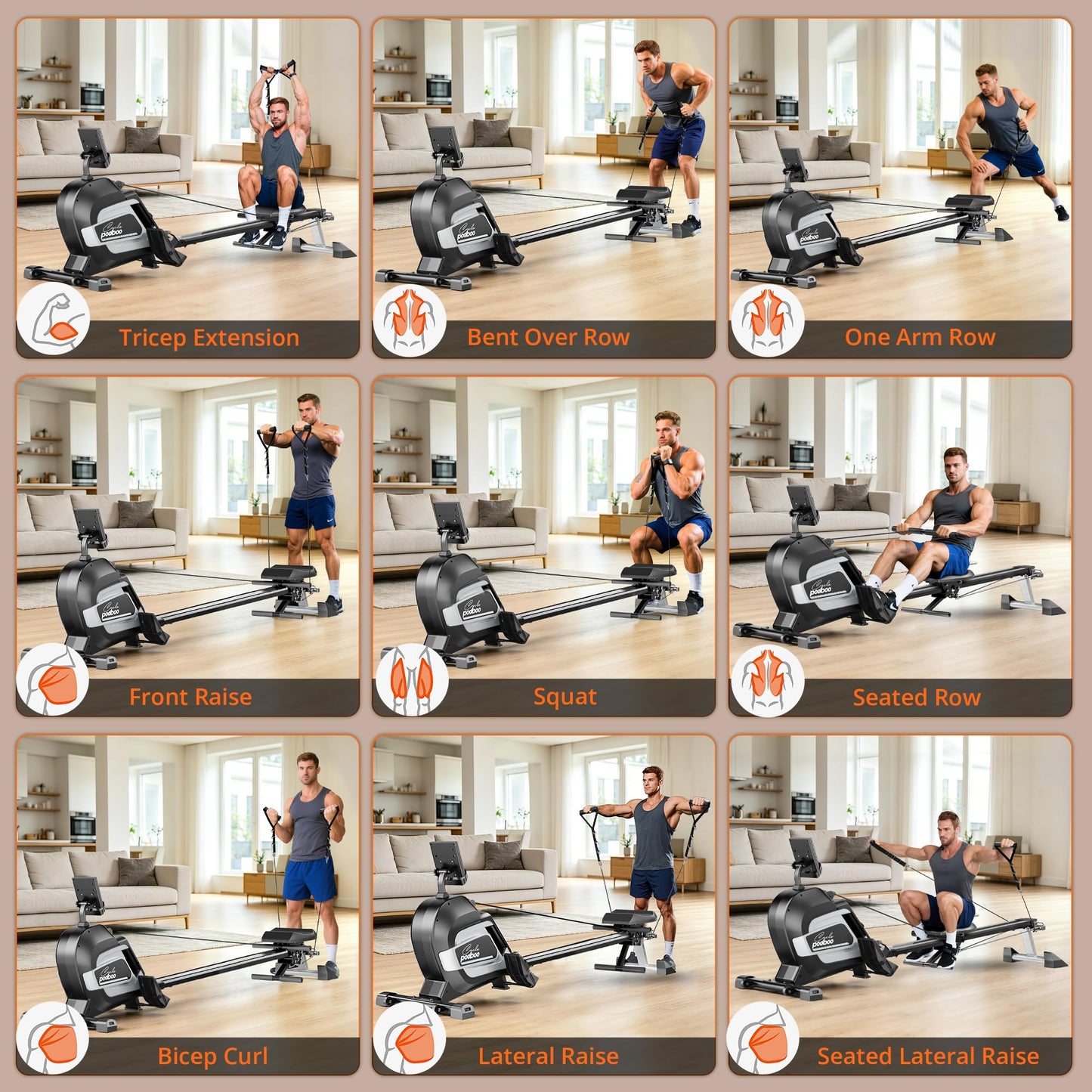 pooboo Rowing Machines for Home, Magnetic Rowing Machine with Adjustable Resistance, Folding Rower Machine of Quiet, 350lbs Weight Capacity, Comfortable Seat Cushion, LCD Monitor, App Support