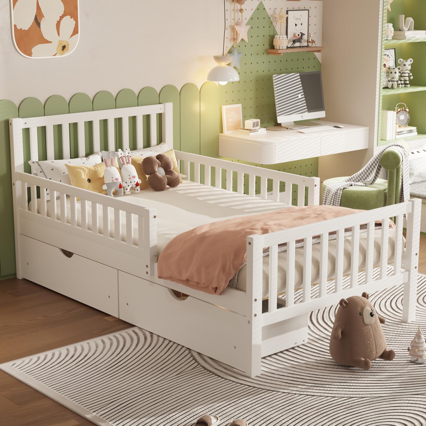 Bellemave Kids Twin Bed Frame with Storage Drawers and Both Sides Guardrails, Kids Platform Bed with Headboard and Slat Support, White