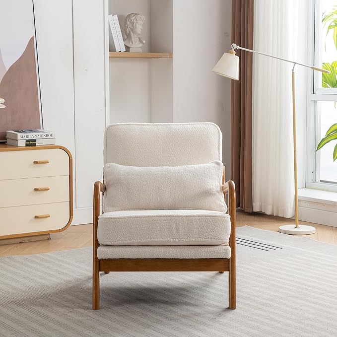 SEYNAR Mid-Century Accent Chair,Sherpa Fabric Lounge Chair with Wide Armrest,13-16.5'' Low Seat Height Armchair with Lumbar Pillow & Solid Wood Frame for Living Room, Bedroom, Balcony(Cream White)