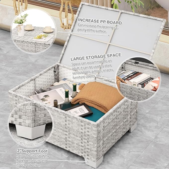 WAROOM Patio Furniture Set 6 Piece Outdoor Patio Set Grey Wicker Balcony Furniture Conversation Sets PE Rattan Couch Sofa with Coffee Table, Peacock Blue Cushion