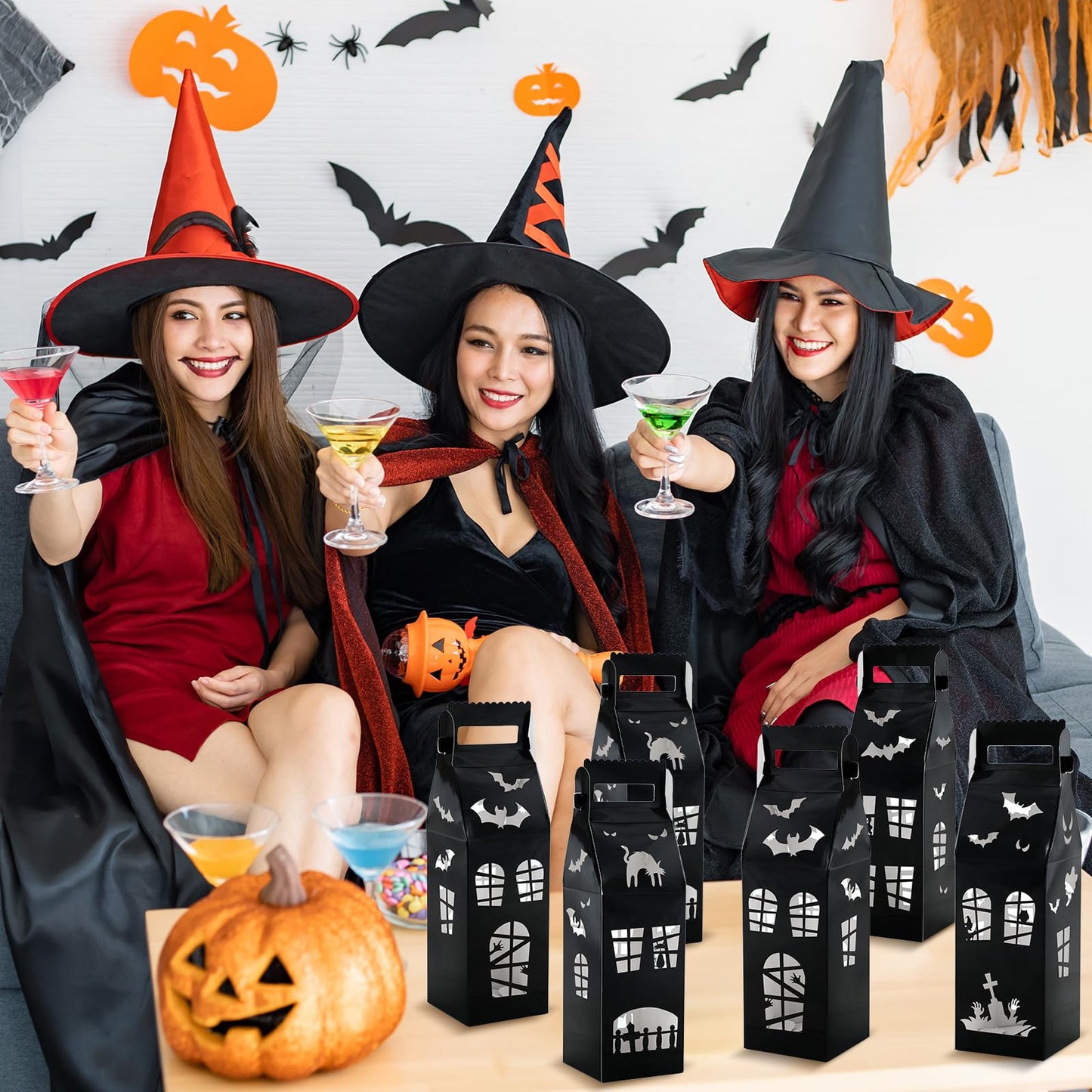 CHUNNIN 12pc Halloween Haunted House Gift Boxes for Party Decorations - House Shaped Treat Boxes with Handle