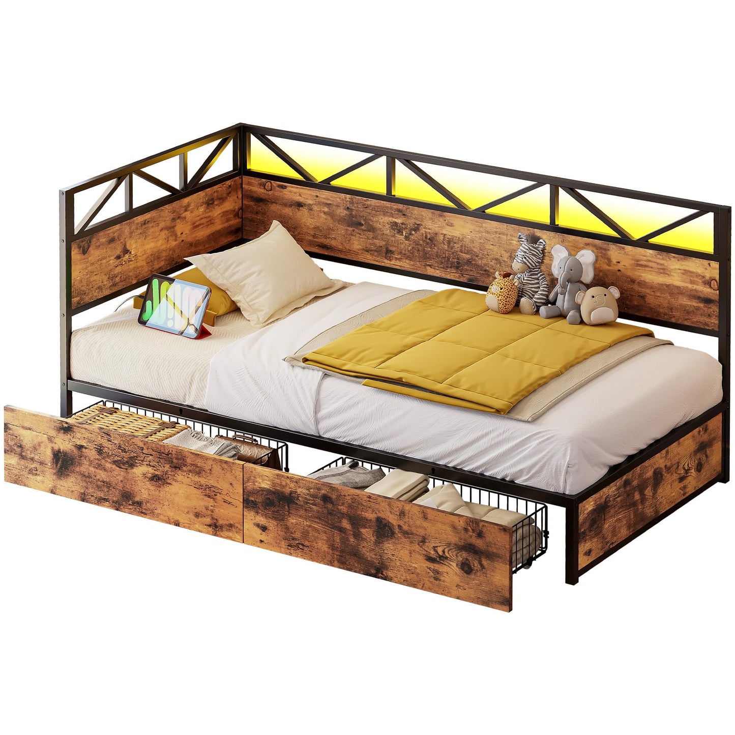 LIKIMIO Twin Daybed with Storage Drawers and Charging Station, Corner Bed Frames with Headboard and LED Lights, Industrial Brown