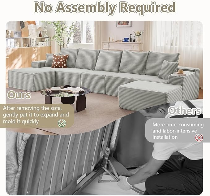 167.7" Sectional Cloud Couch for Living Room, Modular Floor Deep-Seat Sofa, Big Comfy Corduroy Couches Set with Fluffy Memory Foam, Stupendous U Shaped Sofas, No Assembly Required, Grey