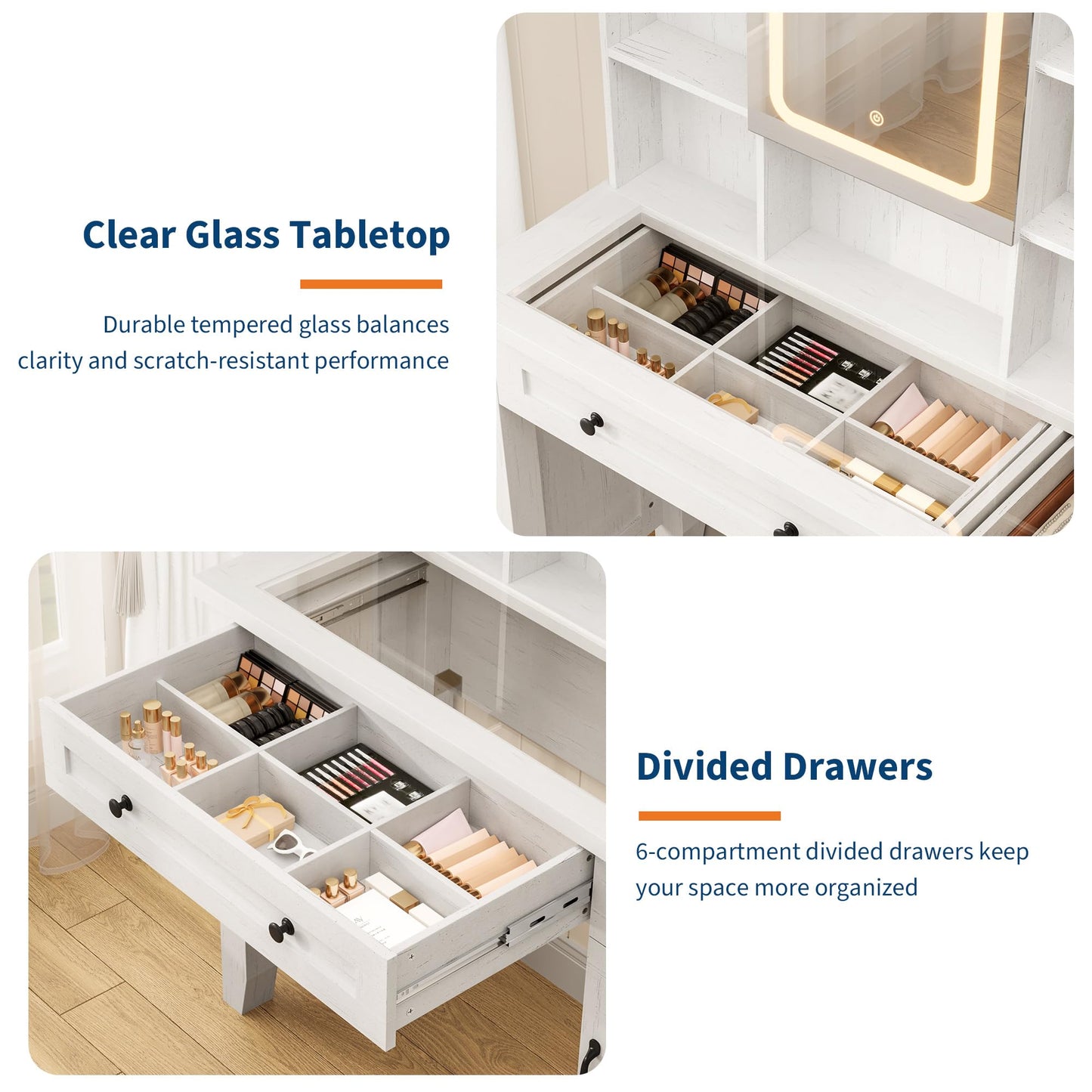 Farmhouse Makeup Vanity Desk,Makeup Vanity with Mirror and Lights & Power Outlet, Makeup Table with 2 Drawers and Cushioned Stool, Dressing Table with Glass Top for Bedroom Dressing Room, White