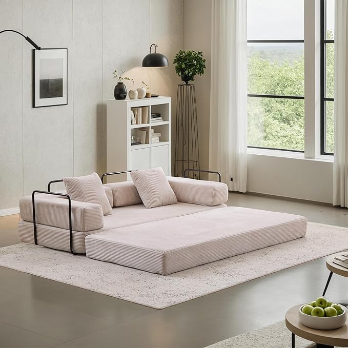 Convertible Couch Sofa Bed Foldable Floor Sleeper | Modern Fold Out Couch | Removable Backrest & Armrests | No Assembly Compression Sofa Sleeper for Living Room, Bedroom | Corduroy Fabric Beige