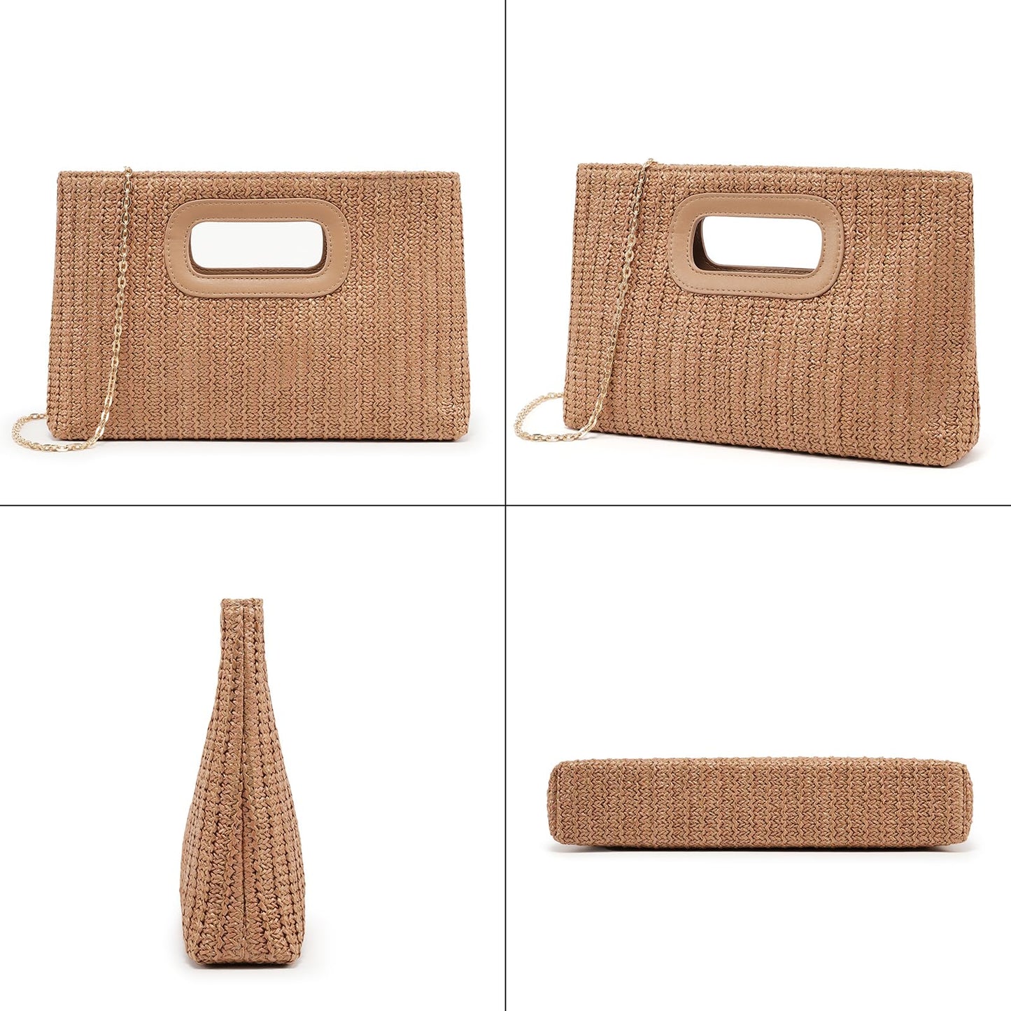 Straw Purse Top Handle Clutch Bag, Woven Beach Shoulder Crossbody Bag Raffia Handbag for Summer Vacation, Parties, Wedding, Tan