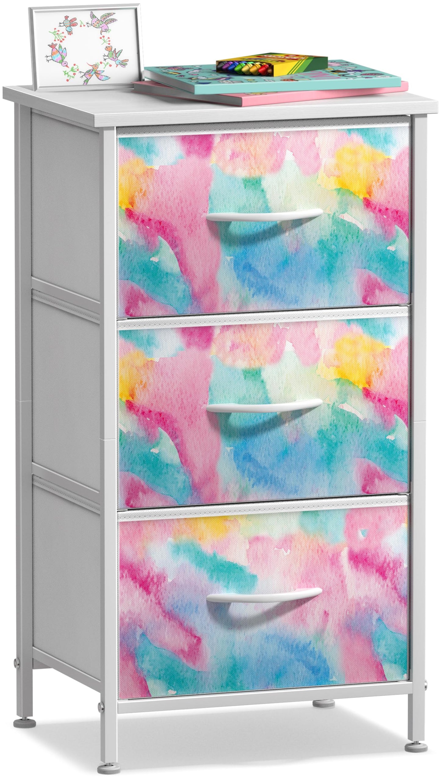 Sorbus Kids Dresser with 3 Drawers - Storage Chest Organizer Nightstand - Steel Frame, Wood Top, Tie-Dye Fabric Bins for Clothes - Wide Furniture for Bedroom, Hallway, Nursery, Closet, & Apartment